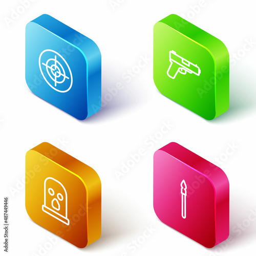 Set Isometric line Target sport, Pistol gun, Balaclava and Medieval spear icon. Vector