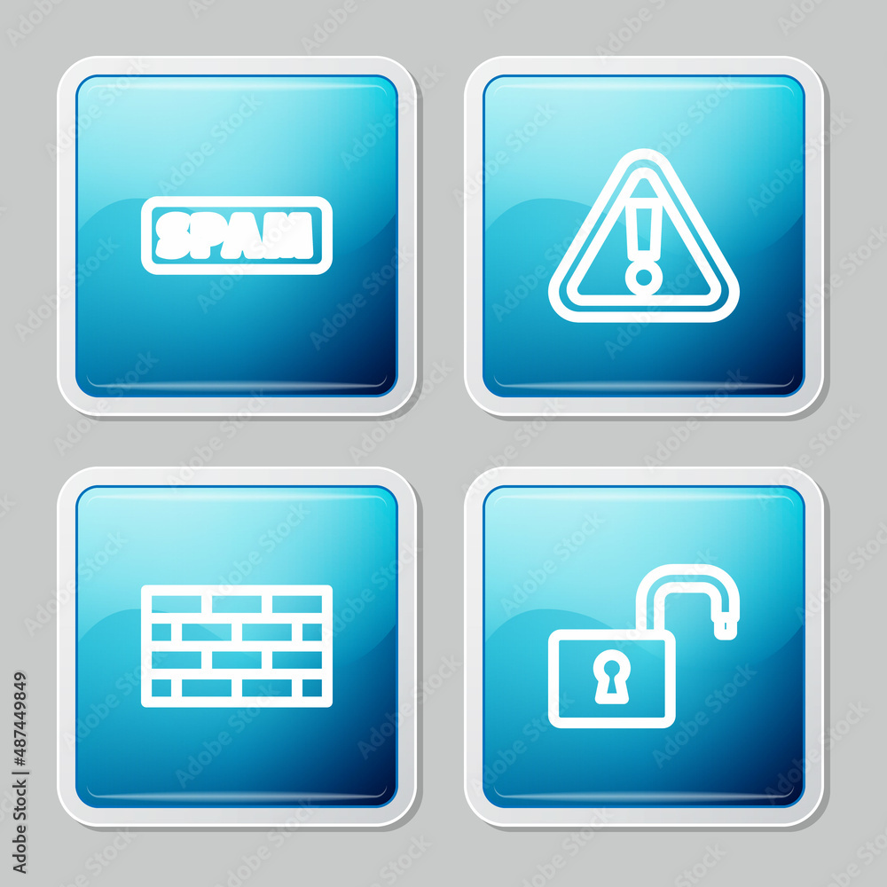Set line Spam, Exclamation mark in triangle, Firewall, security wall and Open padlock icon. Vector