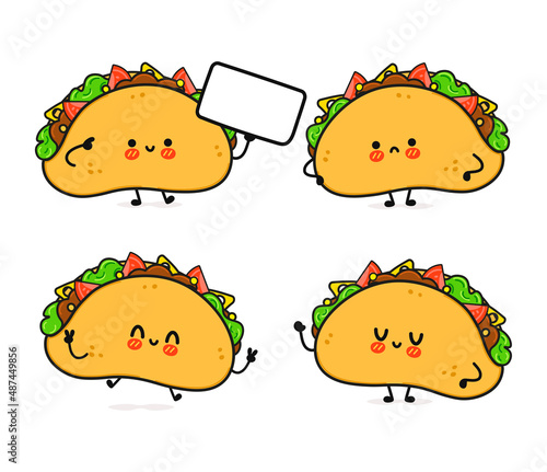 Funny cute happy taco characters bundle set. Vector kawaii line cartoon style illustration. Isolated on white background. Cute taco mascot character collection
