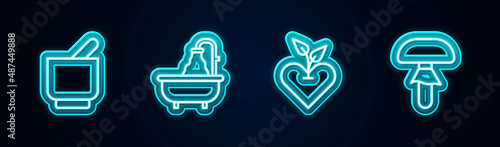 Set line Mortar and pestle, Bathtub, Heart and Mushroom. Glowing neon icon. Vector