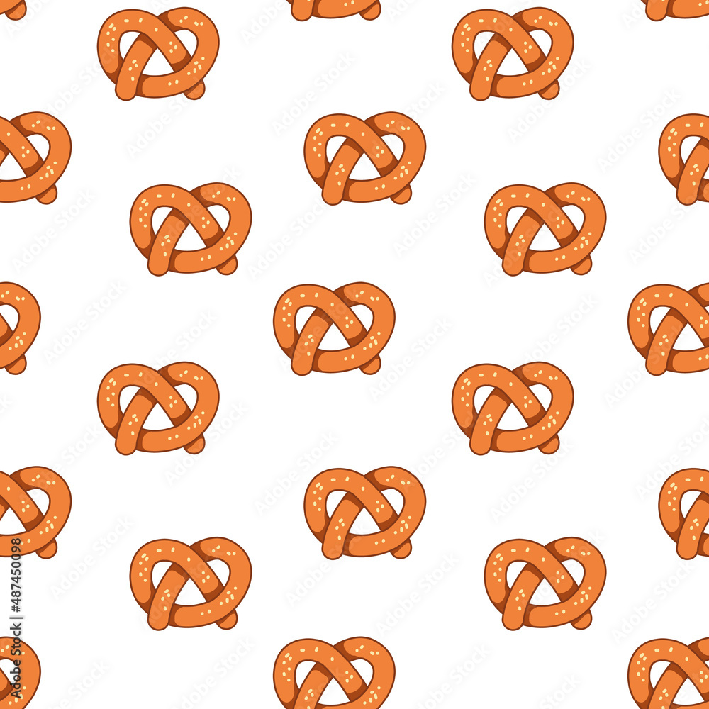 Seamless pattern with baking pretzel on a white background. Vector illustration of a muffin in a minimalistic flat style, hand drawn. Print for bakery textiles, print design, postcards. - obrazy, fototapety, plakaty 