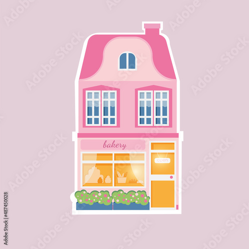 Illustration of scandinavian house, flowers on the windowsill, bakery on the ground floor.