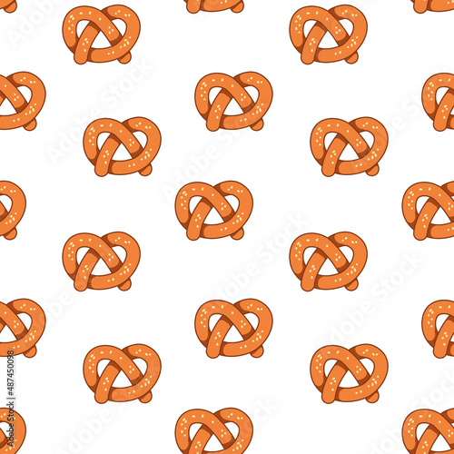 Seamless pattern with baking pretzel on a white background. Vector illustration of a muffin in a minimalistic flat style, hand drawn. Print for bakery textiles, print design, postcards.