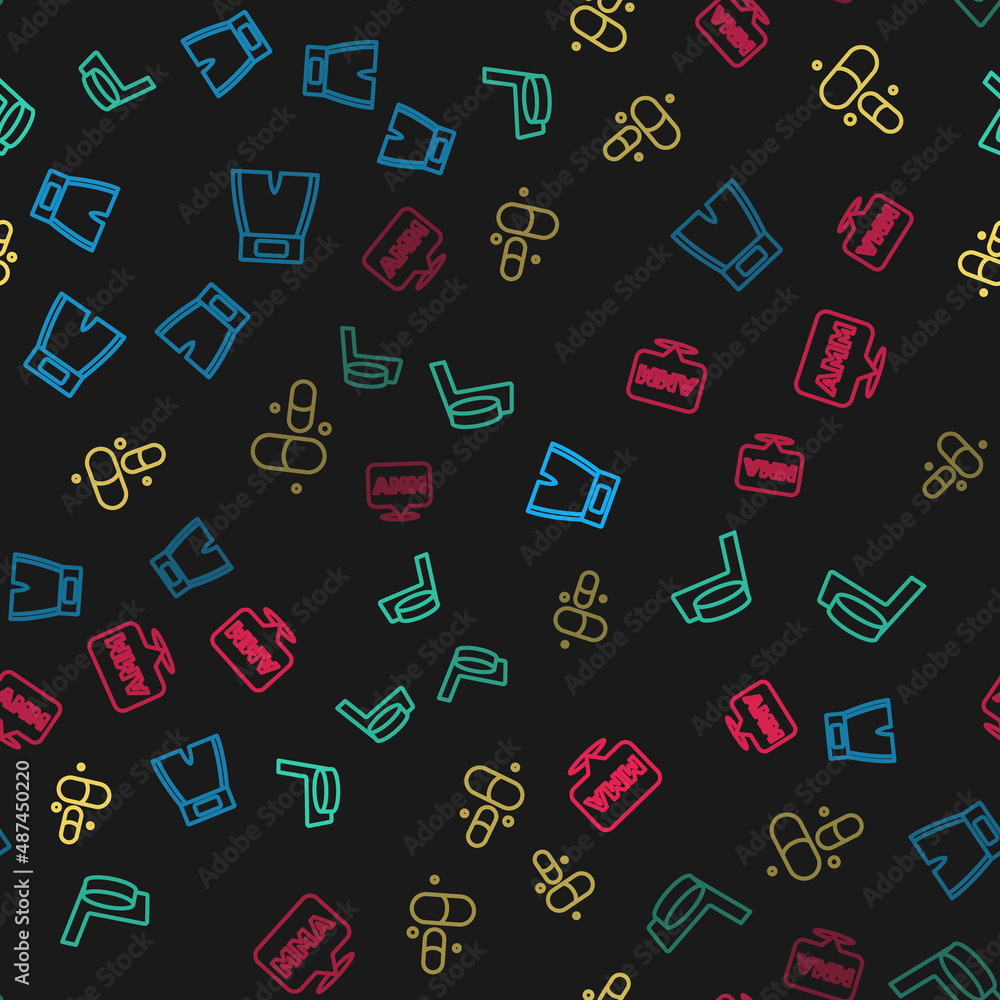 Set line Boxing short, Ice hockey stick and puck, Vitamin pill and Fight club MMA on seamless pattern. Vector Set line Boxing short, Ice hockey stick and puck, Vitamin pill and Fight club MMA on seamless pattern. Vector