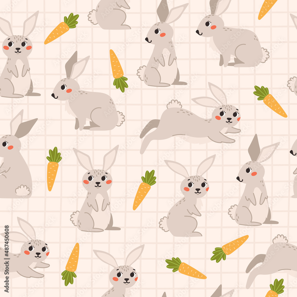 Fototapeta premium Cute childish seamless pattern with rabbit and carrot on a checkered background. Cartoon vector illustration. Nursery Print for textiles and paper.