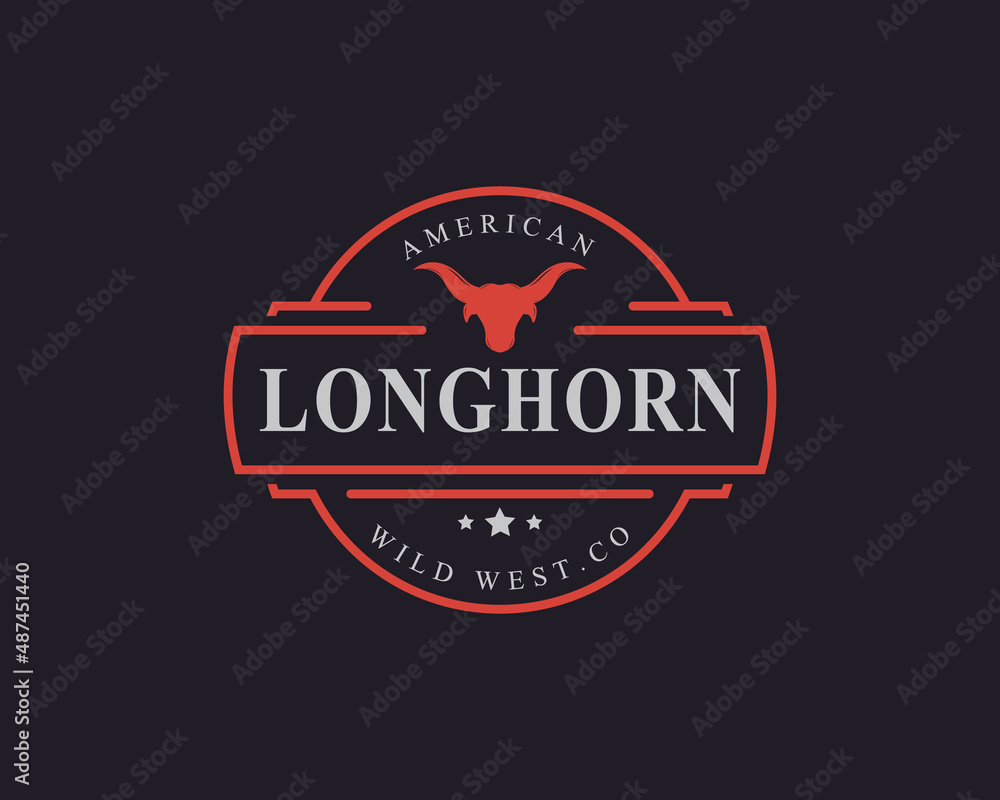 Vintage Retro Badge for Texas Longhorn Cow, Country Western Bull Head Family Countryside Farm Logo Design Template Element