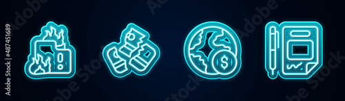 Set line Fire in burning house, Credit card, Global economic crisis and Contract money and pen. Glowing neon icon. Vector
