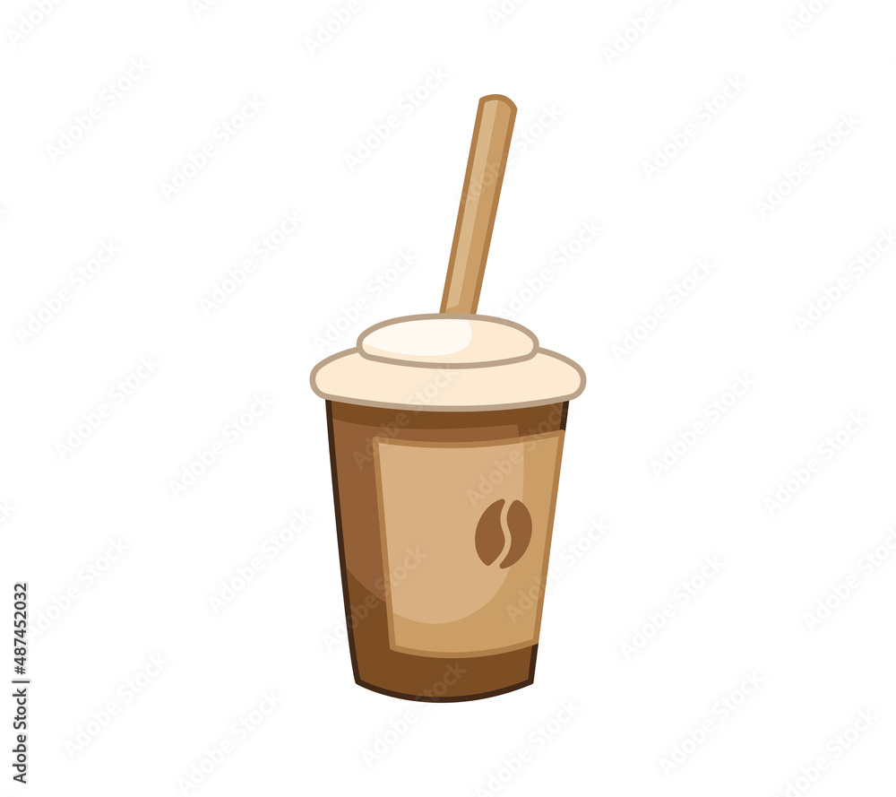 Coffee in a cardboard brown glass with a straw. Vector illustration of a drink in a cartoon childish style. Isolated funny clipart on white background. cute print. Coffee in a cardboard brown glass with a straw. Vector illustration of a drink in a cartoon childish style. Isolated funny clipart on white background. cute print.
