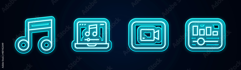 Set line Music note, tone, Laptop with music, Play video button and equalizer. Glowing neon icon. Vector Set line Music note, tone, Laptop with music, Play video button and equalizer. Glowing neon icon. Vector