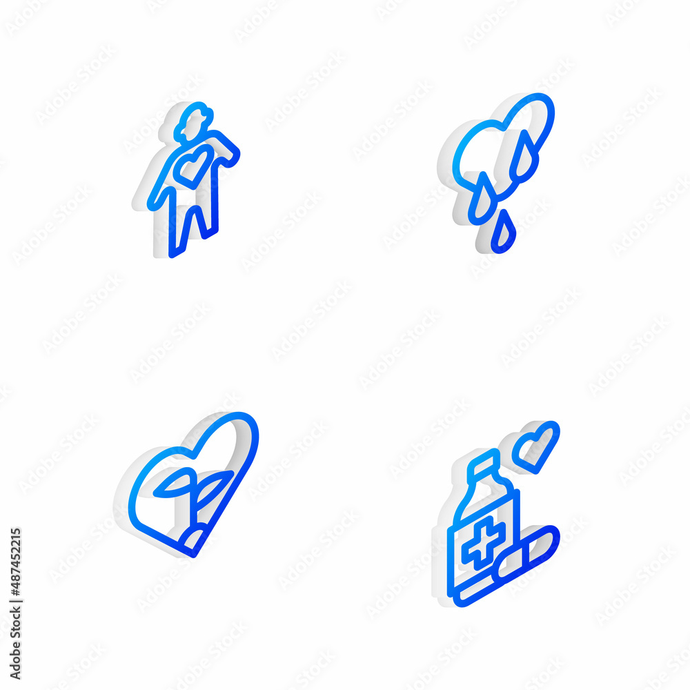 Set Isometric line Blood donation, Volunteer, Leaf in heart and Medicine bottle and pills icon. Vector
