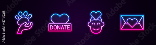 Set line Animal volunteer, Donation and charity, Volunteer and Envelope with heart. Glowing neon icon. Vector
