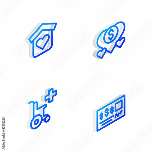 Set Isometric line Donation and charity  Shelter for homeless  Wheelchair disabled person and Bank check icon. Vector