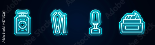 Set line Tube of hand cream, Nail cutter, Milling for manicure and Bottle nail polish. Glowing neon icon. Vector