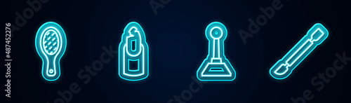 Set line Nail file, Broken nail, Milling cutter for manicure and Cuticle pusher. Glowing neon icon. Vector