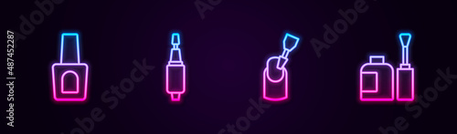 Set line Bottle of nail polish, Milling cutter for manicure, and . Glowing neon icon. Vector