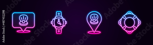 Set line Scallop sea shell, Diving watch, and Lifebuoy. Glowing neon icon. Vector