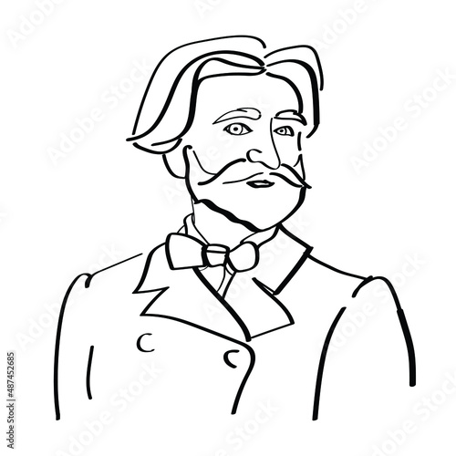 Giuseppe Verdi. Line art portrait. Great composer. Classic music, opera. Vector illustration. A master of historical music. Line drawing, engraving. Sketch. Black and white