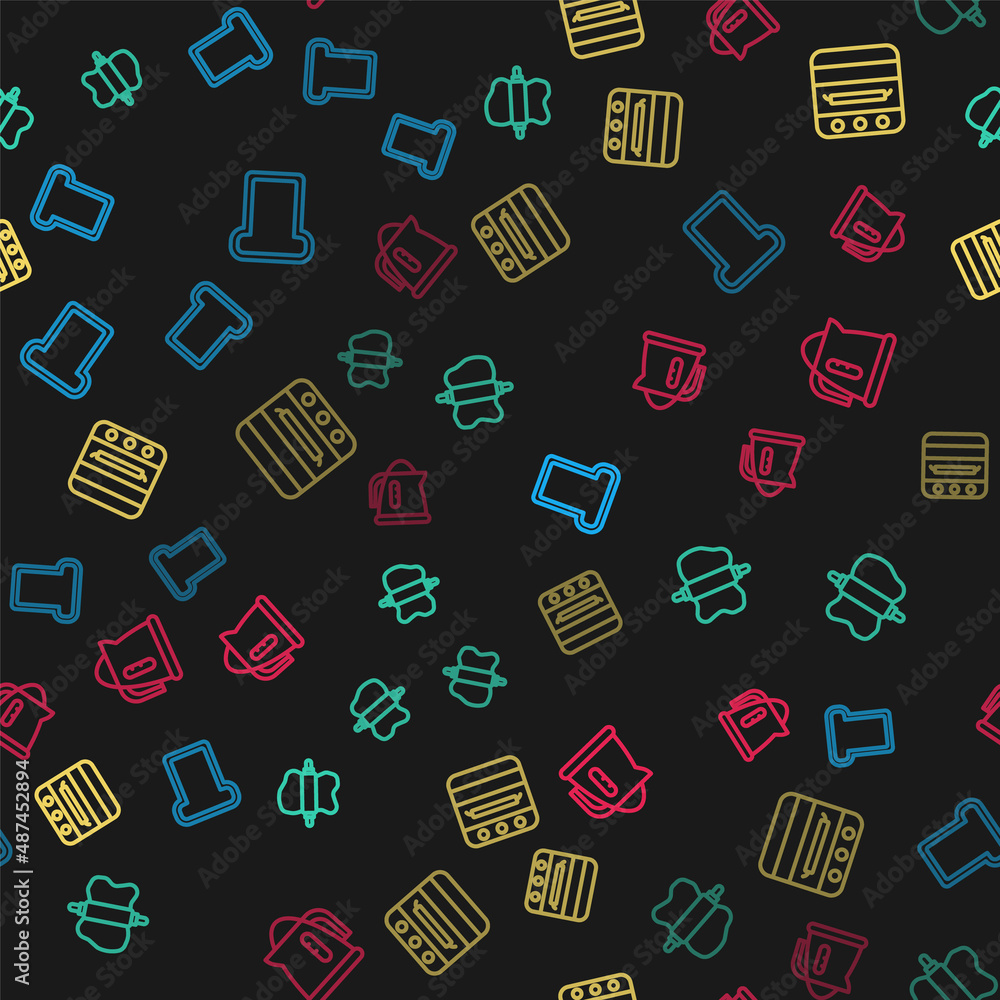 Set line Bread toast, Rolling pin on dough, Oven and Electric kettle on seamless pattern. Vector Set line Bread toast, Rolling pin on dough, Oven and Electric kettle on seamless pattern. Vector
