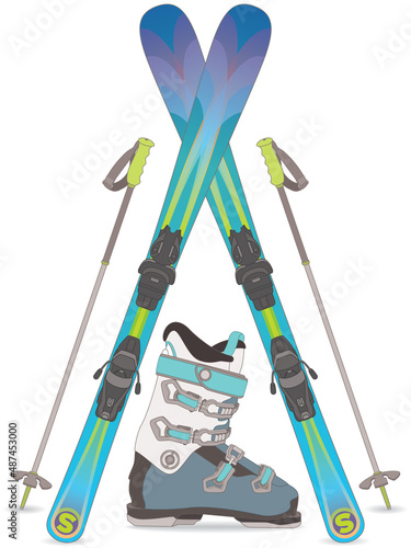 freestyle skiing, blue skis crossed, with ski poles and ski boot isolated on a white background
