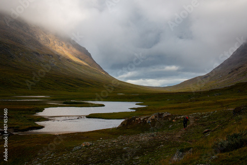 Sunrise in the U-valley on a rainy day, Kungsleden trail, Swedish Lapland