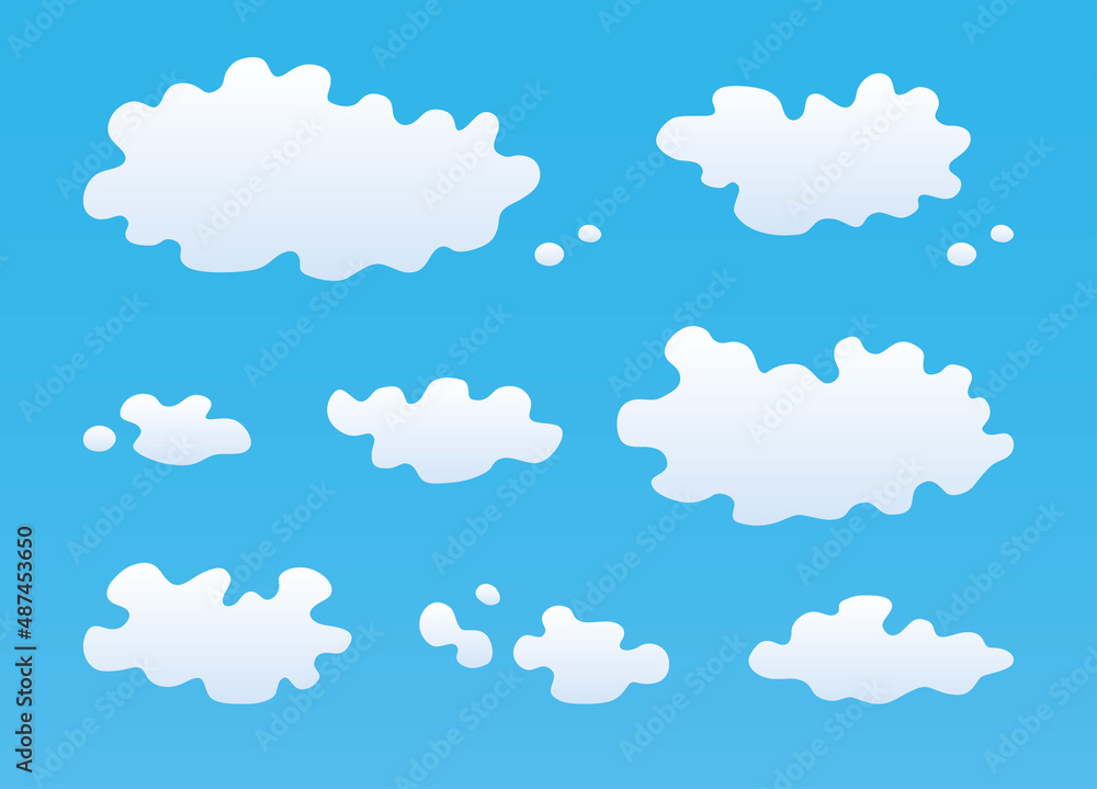 White clouds on a blue sky background, flat vector set.