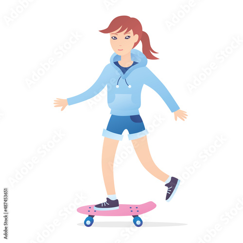 Girl skater wearing hoodie and jeans shorts riding freestyle longboard or skateboard cruiser isolated flat vector illustration