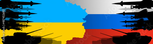Russian-Ukrainian crisis, conflict. Tanks, anti-aircraft guns and rockets against the background of flags.The concept of repelling the aggression of the Russian Federation, threatening Europe with war