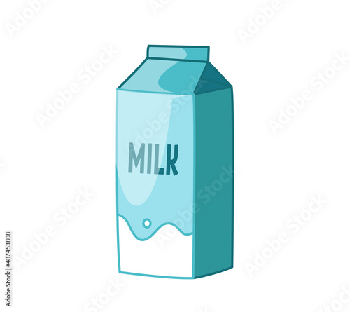 Milk in a blue cardboard box. Vector illustration of a drink in a cartoon childish style. Isolated funny clipart on white background. cute print.