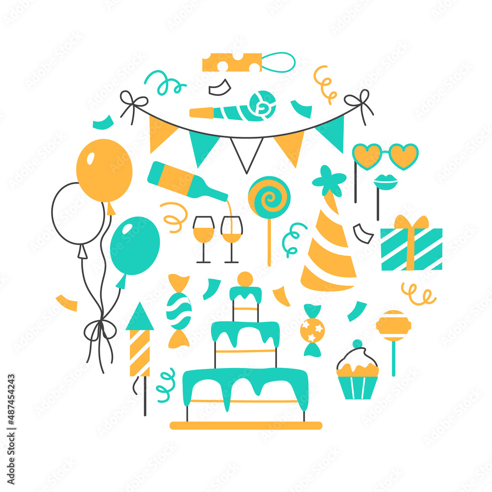 Fototapeta premium Event Birthday party celebration circle concept on white background. Flat line holiday design for greeting card invitation. Festive hat balloons cake cupcake present wine muffin vector illustration