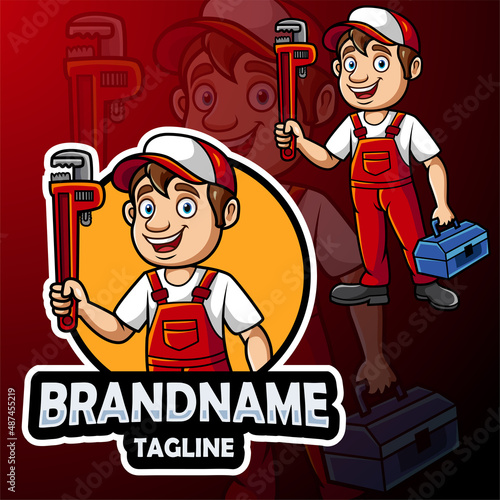 Cartoon plumber mascot design with big wrench