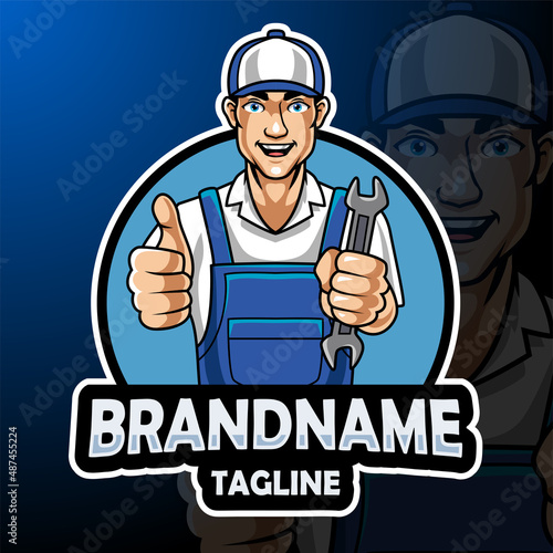 Cartoon mechanic mascot holding spanner giving thumb up