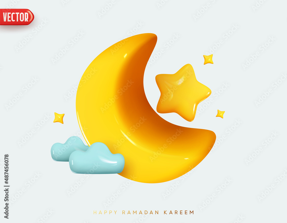 Ramadan Kareem holiday design. Celebrate Ramadhan Holy month in Islam. Background crescent with gold star and blue clouds. Festive banner, poster, flyer, brochure, greeting card. Vector illustration Ramadan Kareem holiday design. Celebrate Ramadhan Holy month in Islam. Background crescent with gold star and blue clouds. Festive banner, poster, flyer, brochure, greeting card. Vector illustration