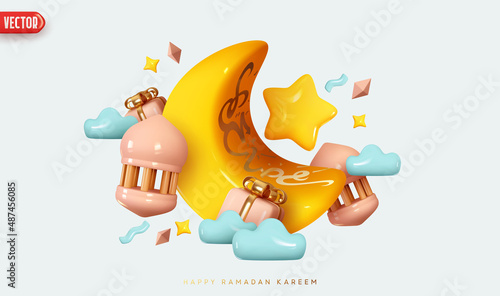 Ramadan Kareem holiday design. Celebrate Ramadhan Holy month in Islam. Background crescent with star and falling lanterns and star cloud. Arabic calligraphy translation Ramadan Kareem. Festive banner