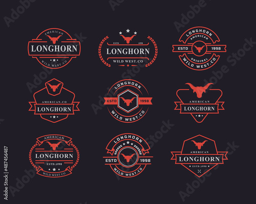 Set of Vintage Retro Badge for Texas Longhorn Western Bull Head Family Countryside Farm Logo Design Template Element