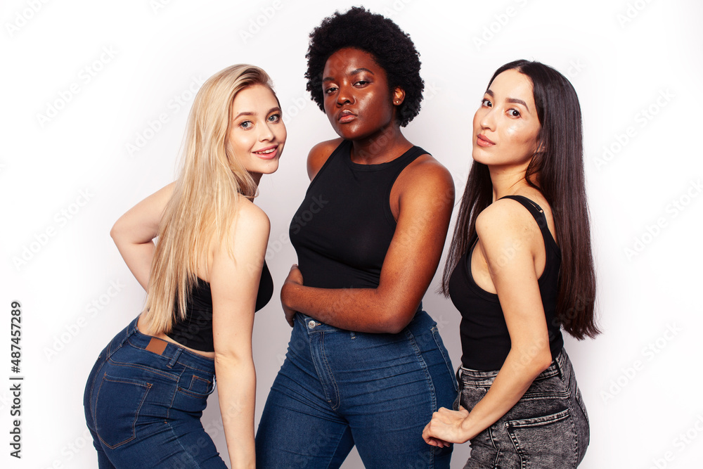 diverse multi nation girls group, teenage friends company cheerful having fun, happy smiling, cute posing isolated on white background, lifestyle people concept, african-american, asian and caucasian