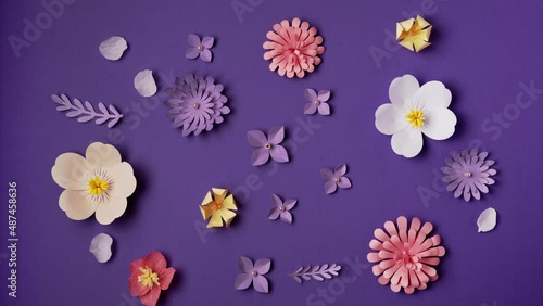 Floral Easter background with copy space. Paper art and handcraft. Copy space for your design. Trendy very peri color. 4K UHD