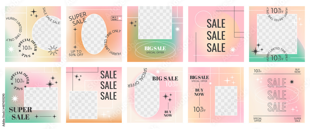 Set of Editable minimal square banner template with abstract geometric design with Various shapes, lines, spots, stars