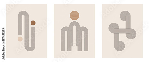 Set of Mid century modern minimalist art print with geometric Minimal black line on beige. Boho wall decor.