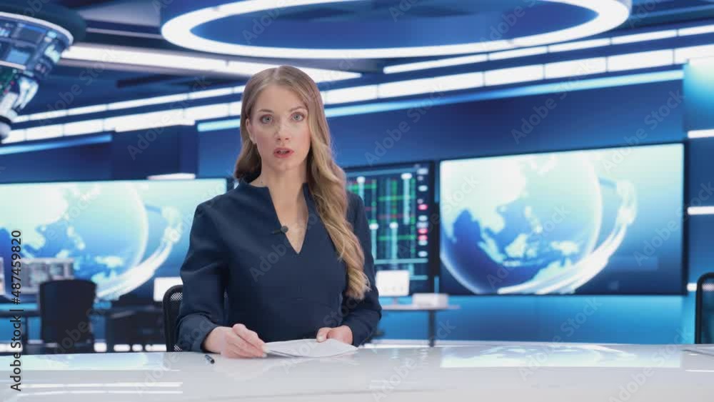 Reporting Using Tv TV Live News Program with Professional Female Presenter Reporting ...