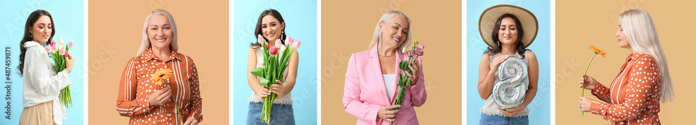 Collage of beautiful women with flowers and figure 8 on color background. International Women's Day Collage of beautiful women with flowers and figure 8 on color background. International Women's Day