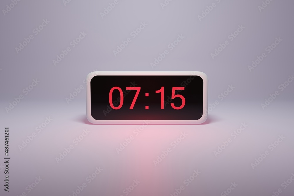 3d alarm clock displaying current time with hour and minute 07.15 - Digital clock with red numbers - Time to wake up, attend meeting or appointment - Ring bounce alarm clock background image 3d alarm clock displaying current time with hour and minute 07.15 - Digital clock with red numbers - Time to wake up, attend meeting or appointment - Ring bounce alarm clock background image