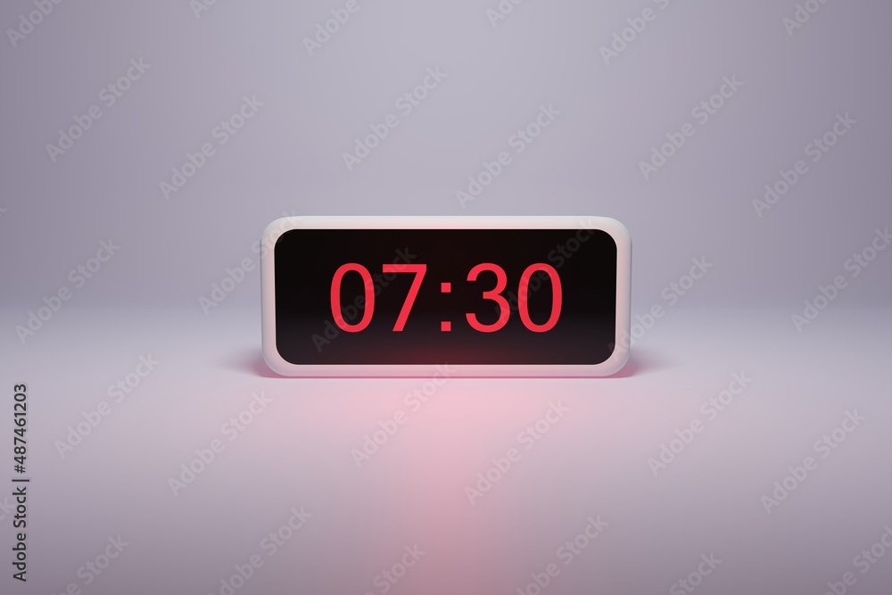 3d alarm clock displaying current time with hour and minute 07.30 - Digital clock with red numbers - Time to wake up, attend meeting or appointment - Ring bounce alarm clock background image 3d alarm clock displaying current time with hour and minute 07.30 - Digital clock with red numbers - Time to wake up, attend meeting or appointment - Ring bounce alarm clock background image