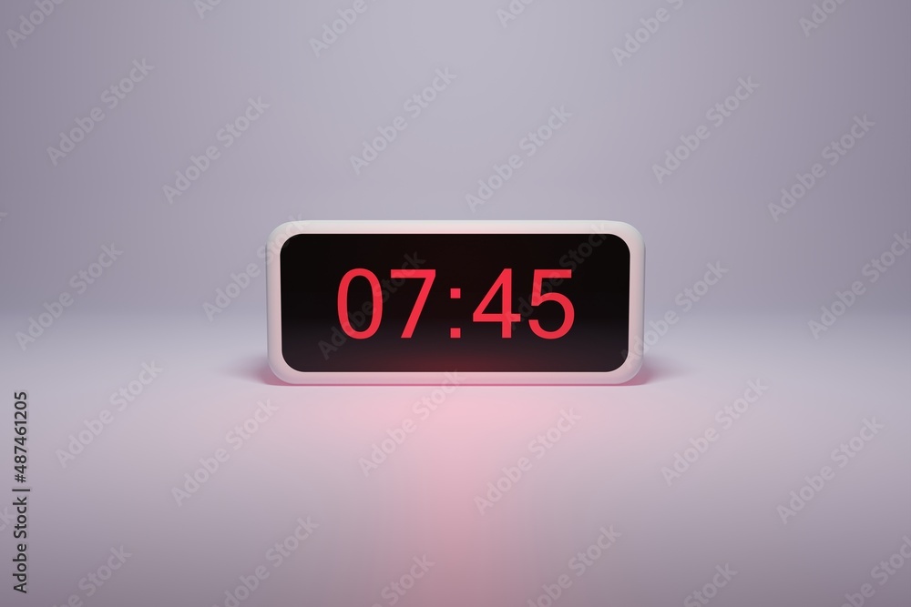 3d alarm clock displaying current time with hour and minute 07.45 - Digital clock with red numbers - Time to wake up, attend meeting or appointment - Ring bounce alarm clock background image 3d alarm clock displaying current time with hour and minute 07.45 - Digital clock with red numbers - Time to wake up, attend meeting or appointment - Ring bounce alarm clock background image