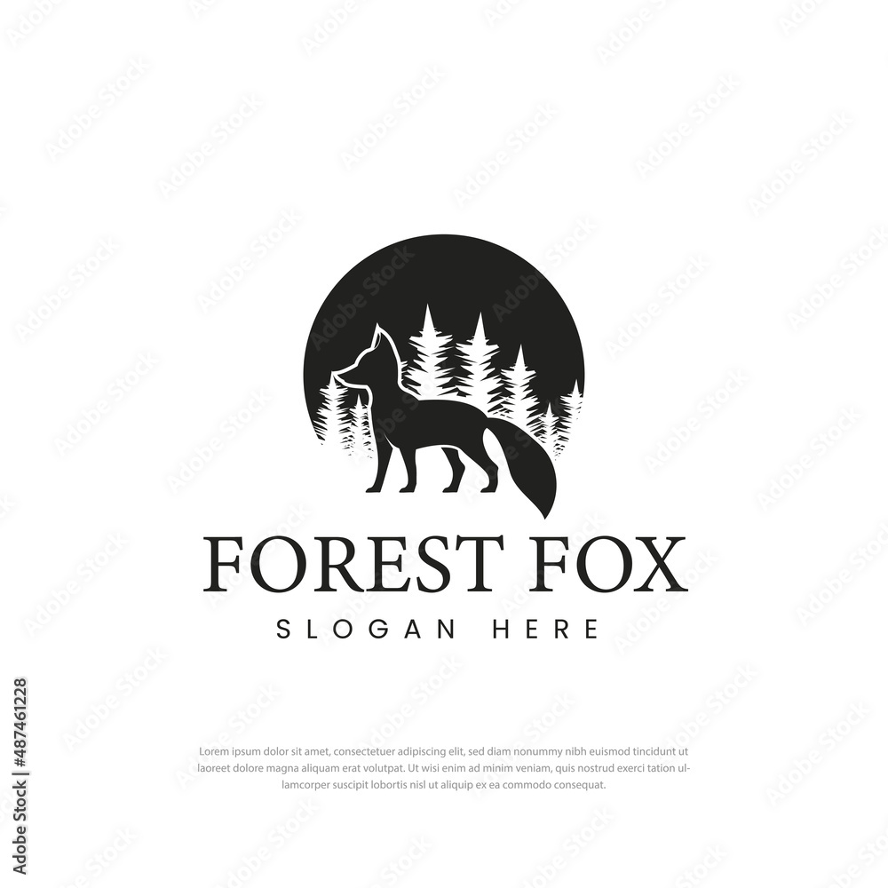 Forest fox logo standing tall facing Vintage Silhouette Retro Hipster Logo Design