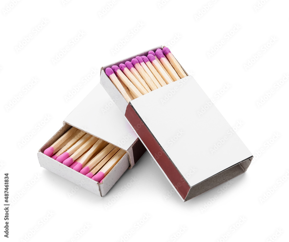 Boxes with new matchsticks on white background Boxes with new matchsticks on white background