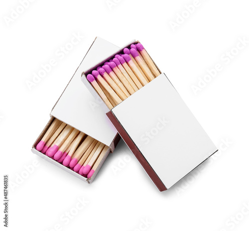Boxes with new matchsticks on white background