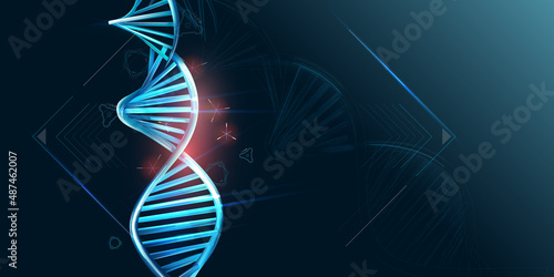Double helix DNA and HUD elements on dark background.
