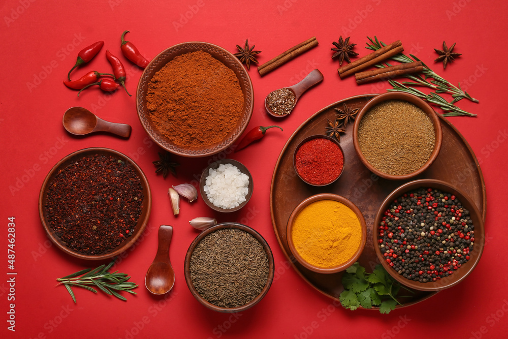 Composition with different spices on red background - obrazy, fototapety, plakaty 