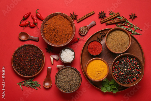 Fototapeta Naklejka Na Ścianę i Meble -  Composition with different spices on red background
