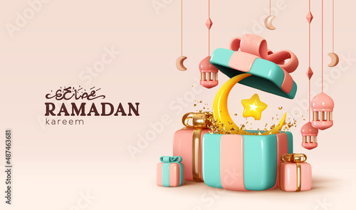 Ramadan Kareem holiday design. Celebrate Ramadhan Holy month in Islam. Background Realistic 3d blue gift boxes, crescent with star and hanging lanterns. Open gift box full of decorative festive object